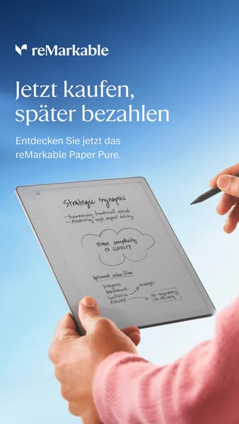 A reMarkable paper tablet ad showcases the reMarkable Paper Pure with a demonstration of its use in writing and planning