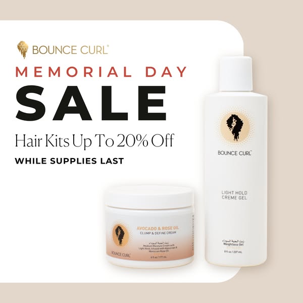 This image ad for Bounce Curl promotes a Memorial Day sale offering up to 20% off on hair kits. The ad showcases two of 