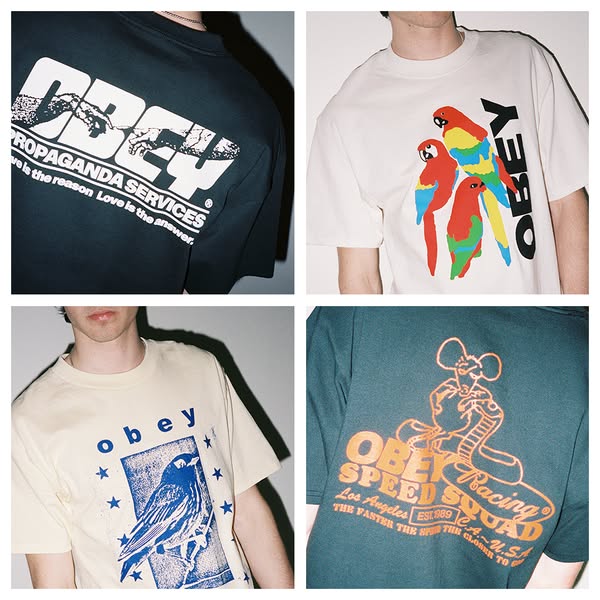 This image ad showcases a collage of four different t-shirt designs from the brand Obey. Each design has a unique graphi