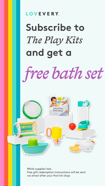 This Lovevery image ad promotes The Play Kits subscription and a free bath set. The ad features an image of Lovevery bat