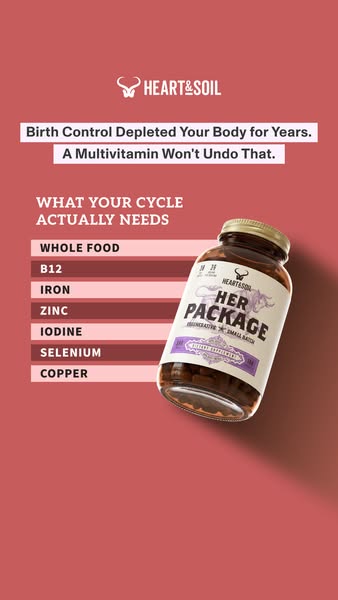 This image ad by Heart & Soil promotes "Her Package", a multivitamin supplement in capsule form, by callin