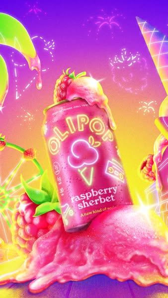 An image ad for Olipop's Raspberry Sherbet flavor. The image is bright and colorful, reminiscent of summer treats.