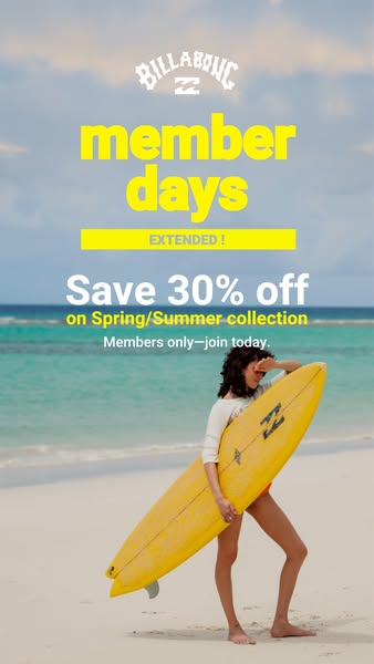 This ad for Billabong features a summer scene at the beach with a surfer holding a surfboard. The ad promotes their memb