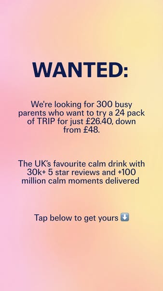 The image ad is for TRIP drinks and features a gradient background in shades of pink, yellow, and white. The ad states t