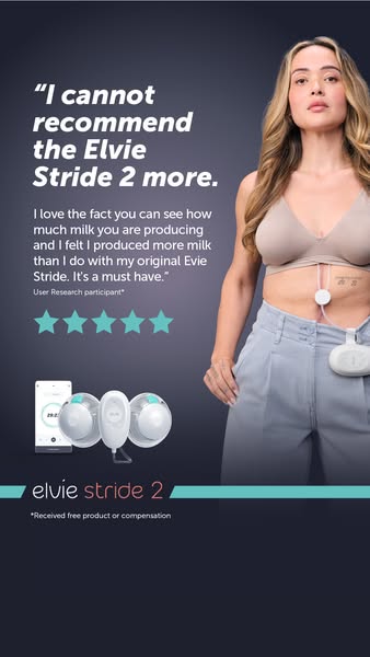 This ad features a testimonial from a user research participant who loves the Elvie Stride 2 breast pump. The ad shows t