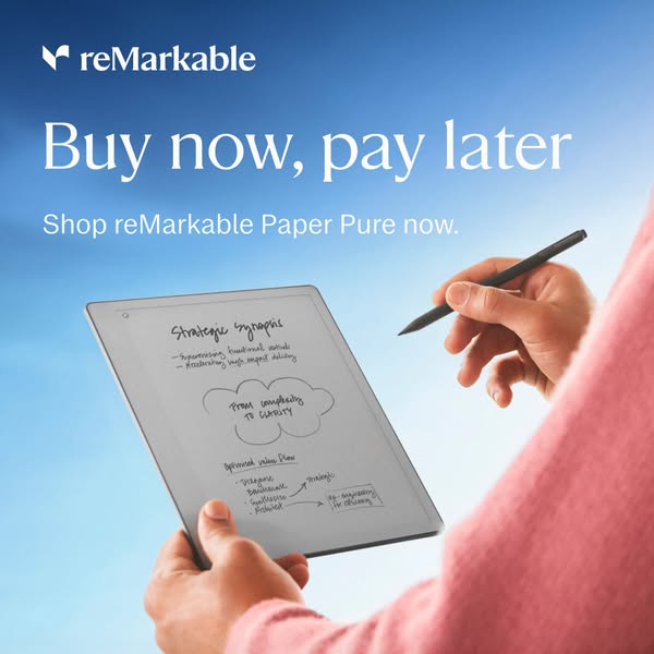 This image ad for reMarkable Paper Pure features a hand holding a reMarkable tablet, with a handwritten note on the scre