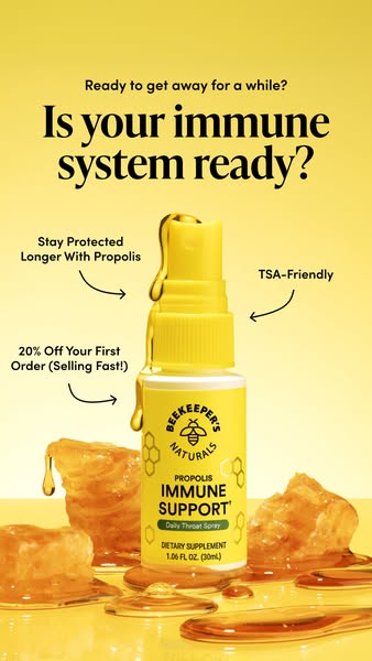 The ad showcases Beekeeper's Naturals Propolis Immune Support Daily Throat Spray, emphasizing its ability to offer i