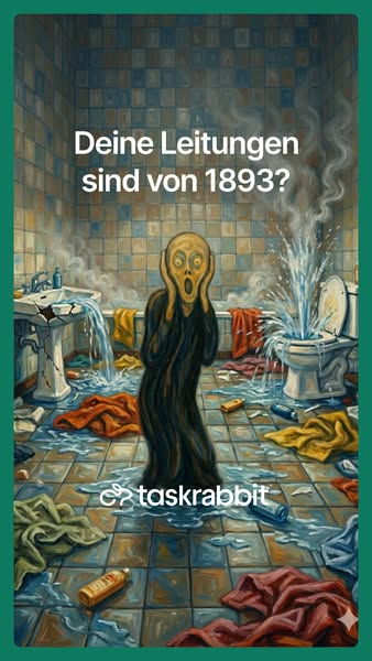 The ad depicts a painting of a bathroom with a broken sink, a broken toilet, and a figure who looks like the character f