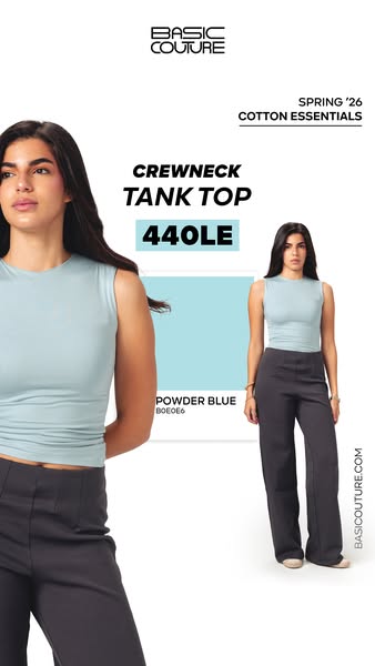 This ad by Basic Couture features a model wearing a crewneck tank top. The ad highlights the clothing brand and style of