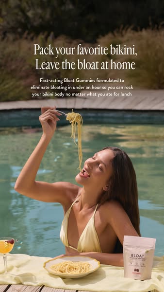 The image ad shows a woman in a bikini enjoying spaghetti, presenting Bloat Gummies as the solution to bloating after ea