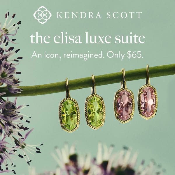 This image ad showcases a pair of gold framed oval earrings in two different stone colors from the Elisa Luxe Suite. The