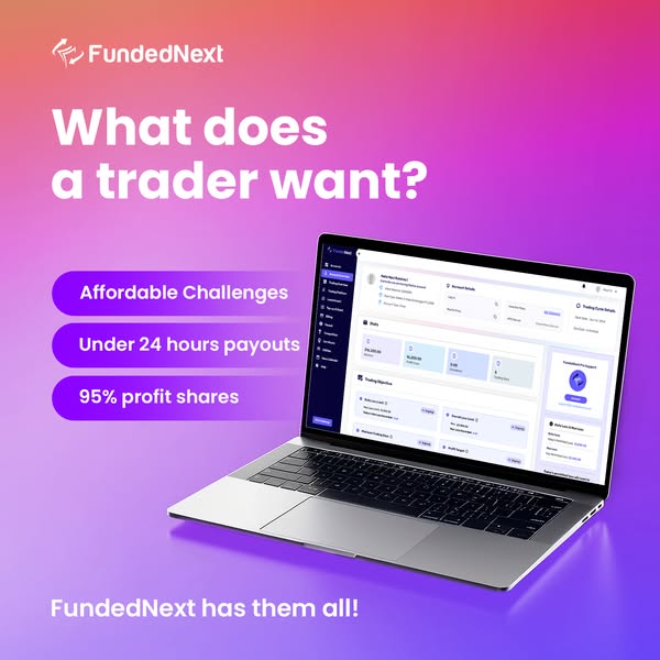 The ad is for FundedNext, a platform that caters to traders by providing affordable challenges, under 24-hour payouts, a