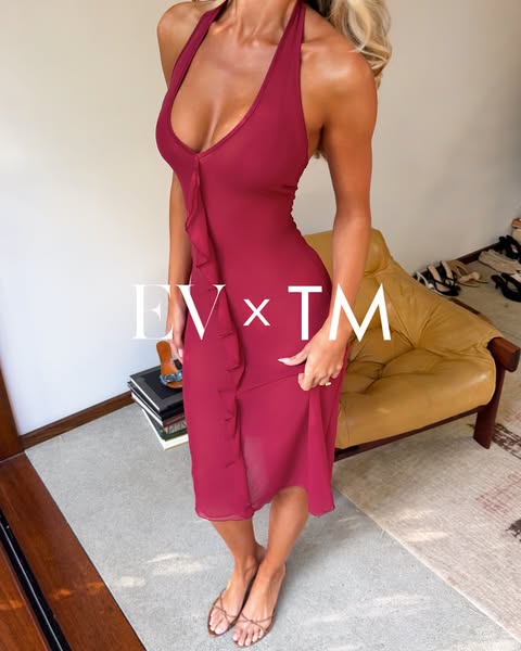 This ad features a woman modeling a halter dress. The ad is likely for a clothing brand that is collaborating with a des
