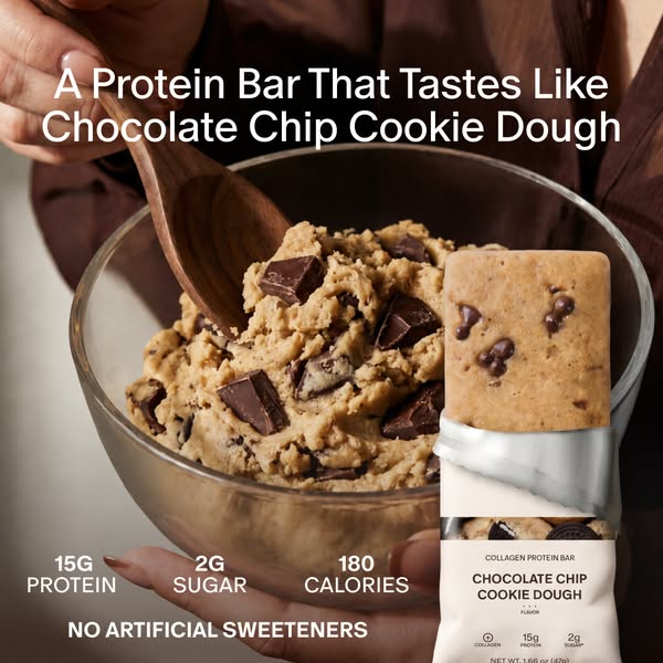 This ad promotes a collagen protein bar with a chocolate chip cookie dough flavor. It highlights that this protein bar t