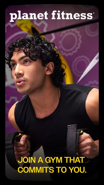 The ad showcases a man exercising at Planet Fitness using suspension trainers. The visuals and text emphasize the gym