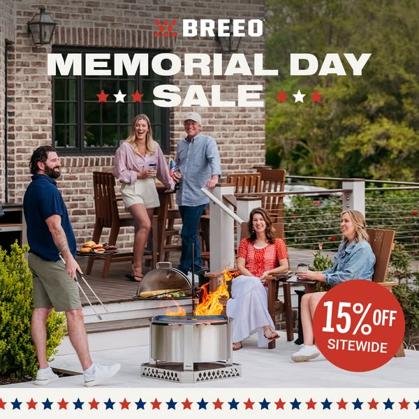 This image ad promotes Breeo fire pits with a Memorial Day sale. It features a group of friends gathered around a lit fi