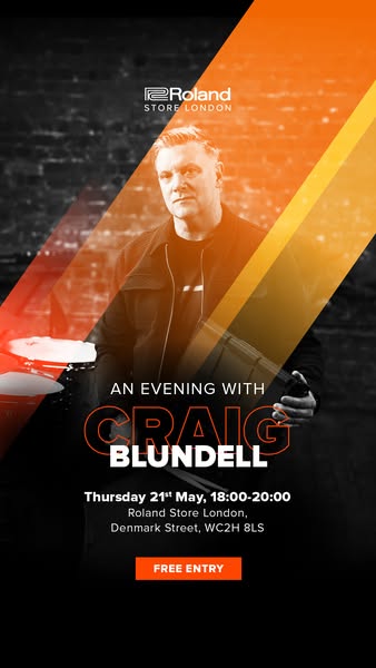 This image ad promotes 'An Evening With Craig Blundell' at the Roland Store in London. It features a photo of Cr