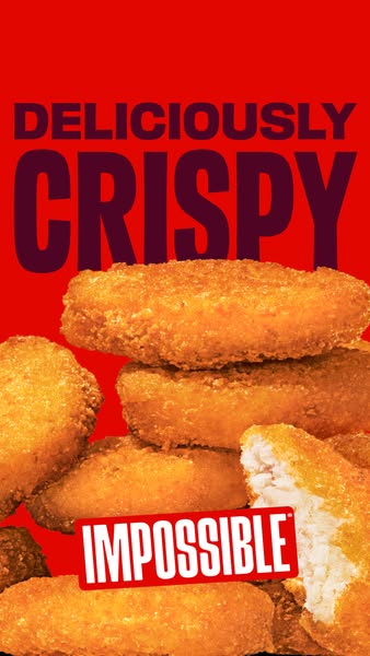 Image ad showing a pile of Impossible brand chicken nuggets on a red background with the text 'Deliciously Crispy