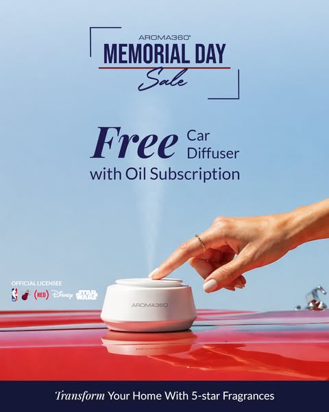 This image ad is for Aroma360 and features the offer of a free car diffuser with an oil subscription as part of a memori