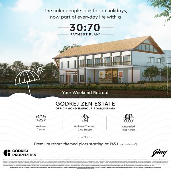 This ad promotes Godrej Zen Estate, located off Diamond Harbour Road, Kolkata, offering resort-themed plots starting at 