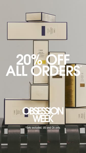 This image ad promotes Oribe products with a 20% off sale for Obsession Week. The ad features a stack of various Oribe p