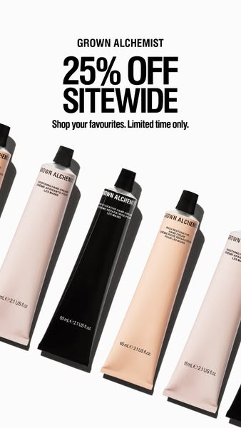 This ad by Grown Alchemist promotes a sitewide sale offering 25% off. The visual features an arrangement of various hand