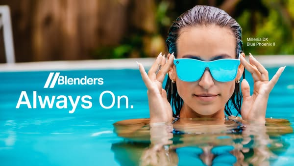 This image ad for Blenders eyewear features a woman in a pool wearing blue sunglasses. The text 'Blenders Always On.