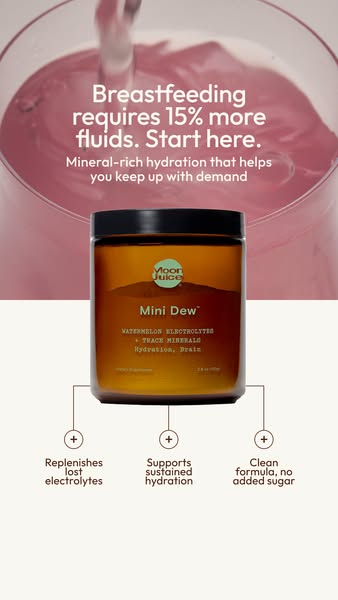 This ad promotes Moon Juice's Mini Dew as a hydration solution that supports breastfeeding mothers. The ad emphasize