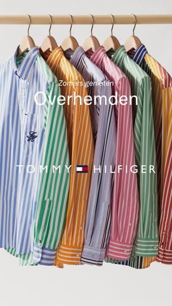This image ad showcases an array of striped shirts on hangers, promoting the Tommy Hilfiger brand.