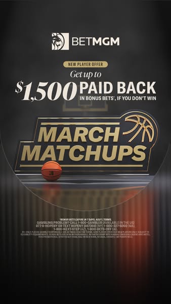 This ad for BetMGM promotes an offer for new players. The offer is to get up to $1,500 paid back in bonus bets if the pl