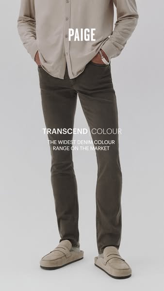 An ad for Paige brand jeans, this image highlights the wide color range of the Transcend line.