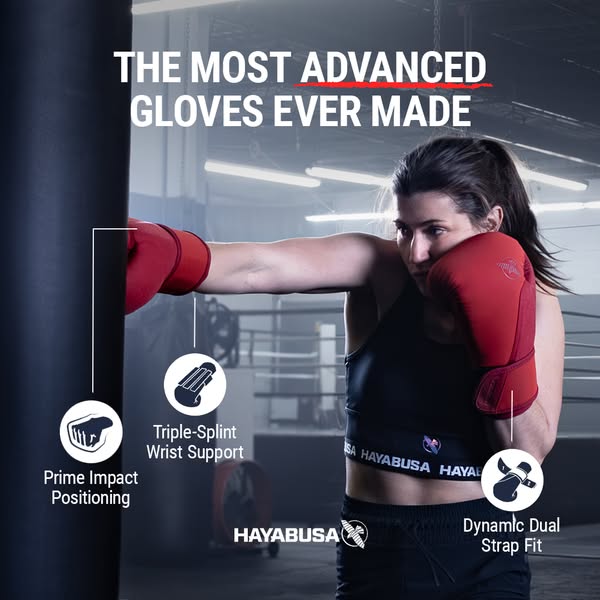 This ad showcases Hayabusa's advanced boxing gloves, highlighting their prime impact positioning, triple-splint wris