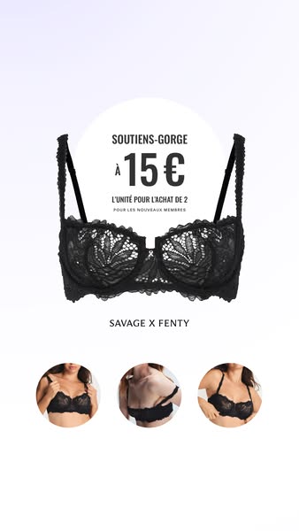 This image ad for Savage X Fenty showcases a black lace bra. The advertisement highlights a special offer for new member