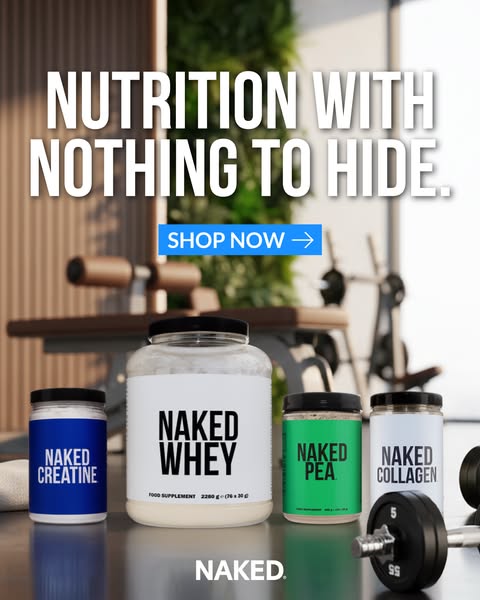 This ad showcases a variety of Naked Nutrition products in a gym environment. The products range from whey to creatine. 