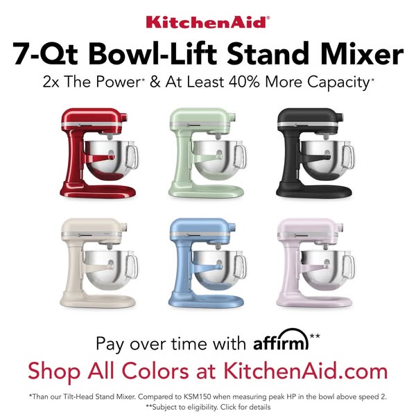 This image ad showcases the KitchenAid 7-Qt Bowl-Lift Stand Mixer in a variety of colors. It highlights the mixer's 