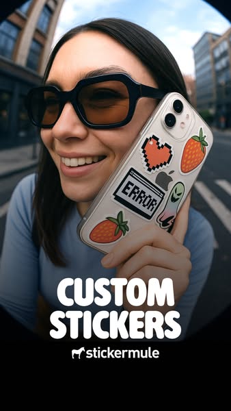 This ad showcases Sticker Mule's custom sticker service by featuring a woman holding a phone case decorated with var