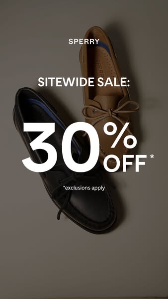 This image ad by Sperry advertises a sitewide sale of 30% off, with exclusions, featuring two different styles of boat s