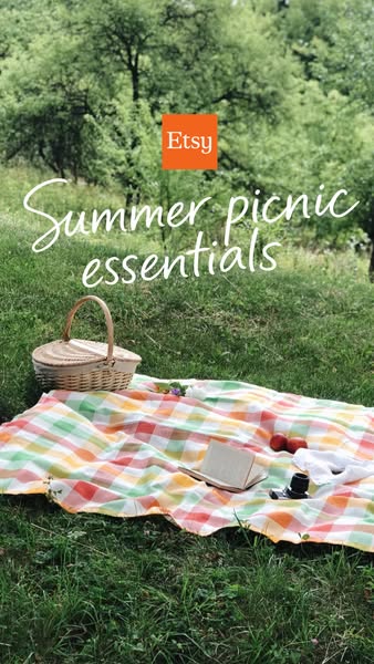 This image ad showcases summer picnic essentials available from Etsy, staged in a grassy outdoor setting with a picnic b
