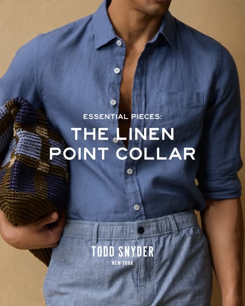 This image ad showcases a stylish linen point collar shirt from Todd Snyder New York. The focus is on the shirt's de