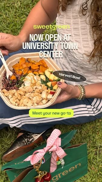 This Sweetgreen ad showcases a 'Harvest Bowl' from their new location at University Town Center. The ad features