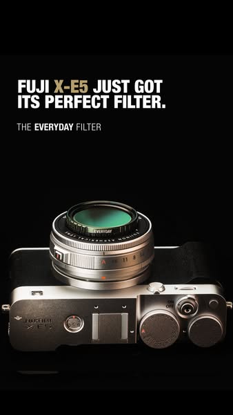 An ad for the Everyday Filter for Fujifilm's X-E5 camera features a close-up shot of the product on top of a camera,