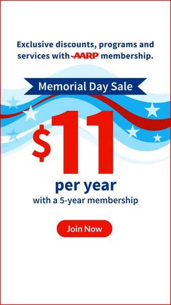 This image ad promotes AARP membership with exclusive discounts, programs, and services at a special Memorial Day Sale p