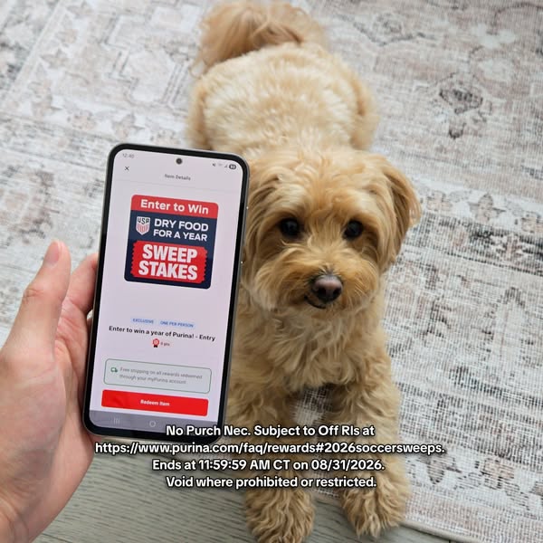 This ad promotes a sweepstakes for a chance to win a year's supply of Purina dog food. The ad features a phone displ