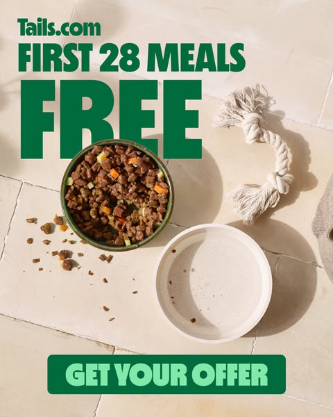 This image ad for Tails.com promotes an offer of free first 28 meals. The ad features a bowl of dog food, an empty bowl,