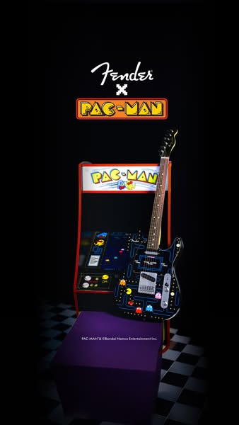 This image is an advertisement for the Fender x Pac-Man guitar. The guitar is black with images of Pac-Man and the ghost