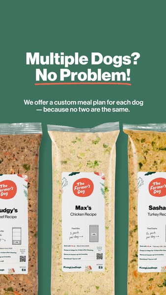 This ad highlights The Farmer's Dog's custom meal plans designed for households with multiple dogs, addressing t