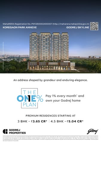 This image ad for Godrej Properties promotes the Godrej Skyline residences. It highlights a 1% payment plan, encouraging
