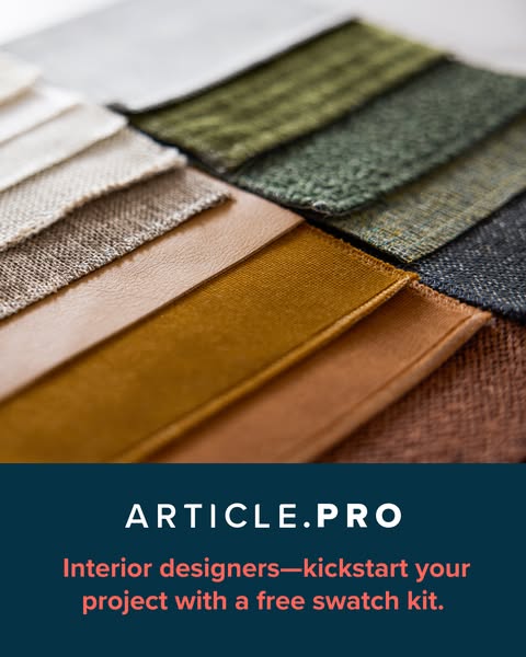 This ad for Article.pro features a variety of fabric swatches and promotes a free swatch kit for interior designers.