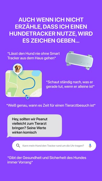 The ad promotes a smart tracker for dogs. The image ad highlights several key features through text annotations and grap
