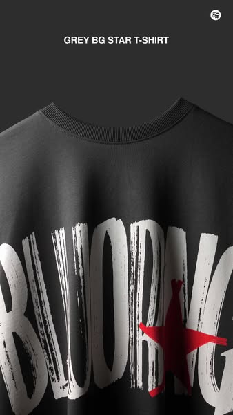 The ad features a close up shot of the 'GREY BG STAR T-SHIRT'.